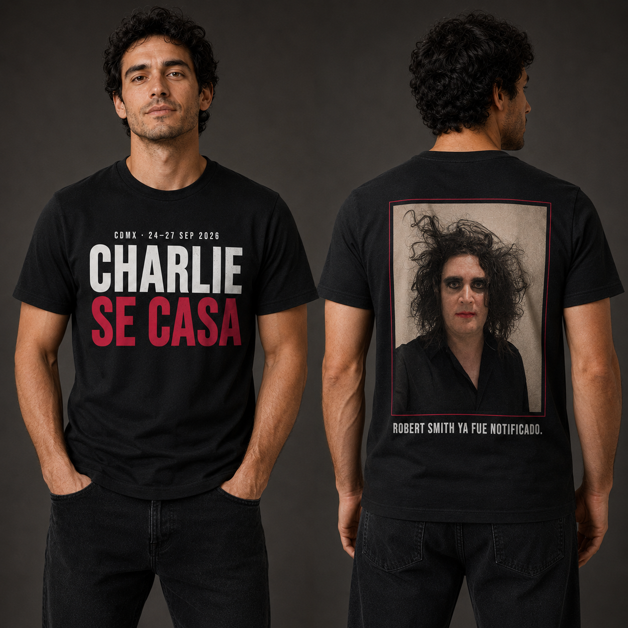 Modelo usando la playera oficial de la despedida de Charlie